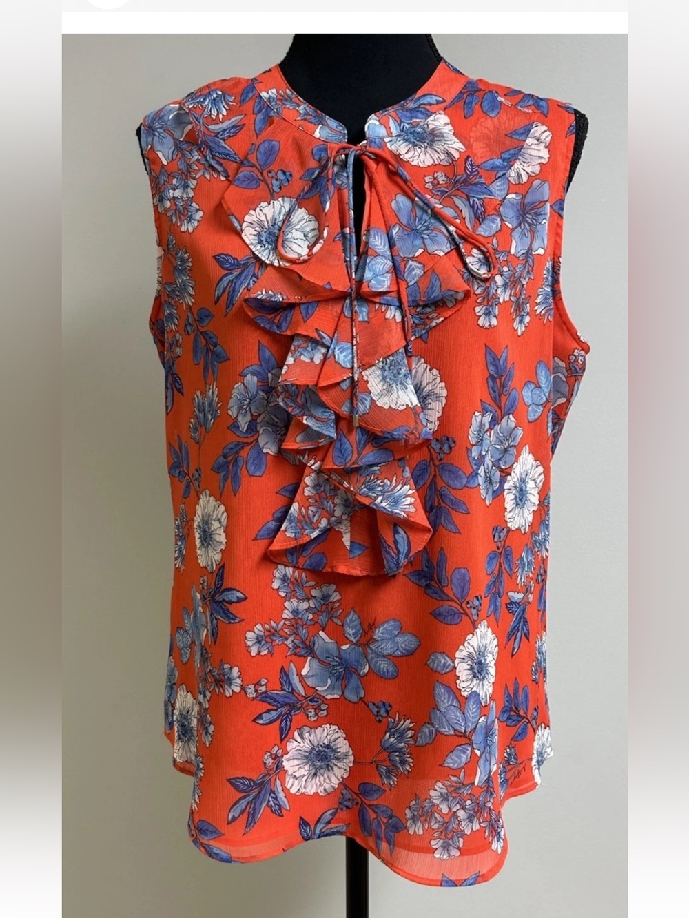 Tommy Hilfiger Sleeveless Tie-Neck Top Red and Blue Floral Size L
